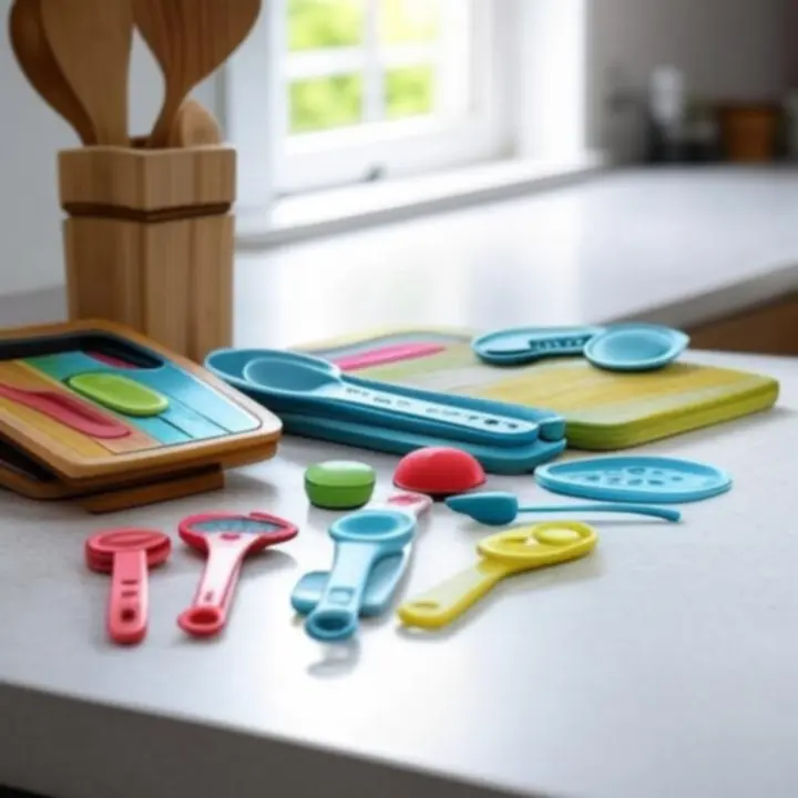 Modern konyhai accessories elrendezve egy letisztult munkapult felületén