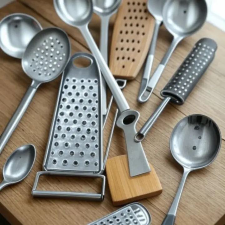 Különböző konyhai essentials eszközök, köztük reszelők és hámozók egy munkalapon