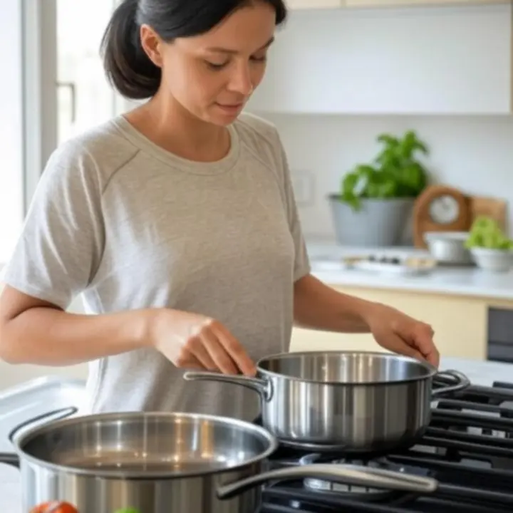 Cookware használat közben, modern konyhában tálalásra kész fogásokkal