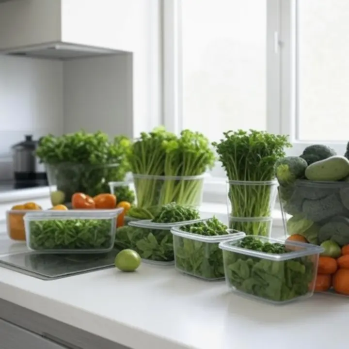 Friss ételek légmentesen záródó tárolódobozokban rendezve