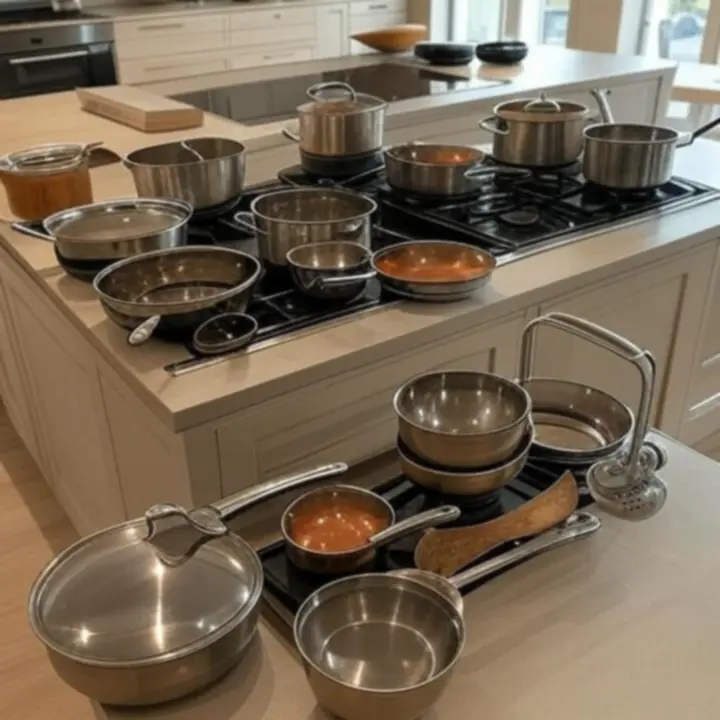 Különböző konyhai eszközök és edények rendezve egy pulton