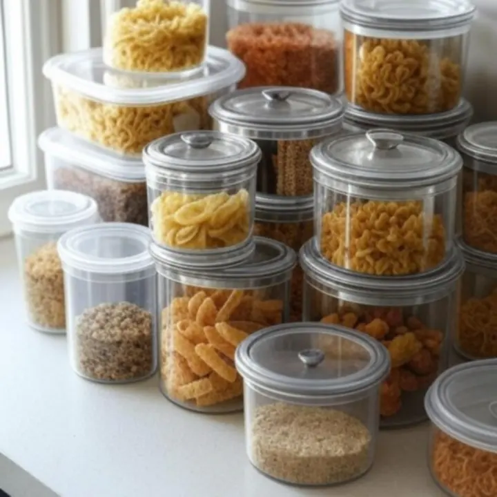 Modern, egymásra rakható élelmiszer tároló dobozok pulton elrendezve