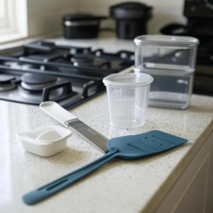 Modern konyhai kiegészítők, szilikon eszközök és mérőpoharak egy konyhapulton