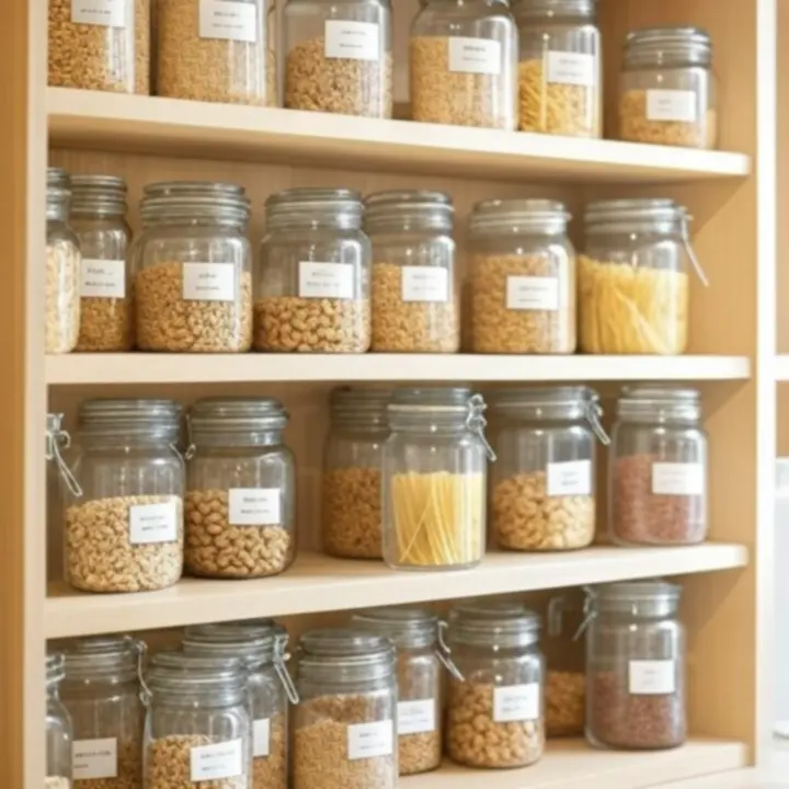 Rendezett kamra üveg tárolókkal és címkézett élelmiszerekkel