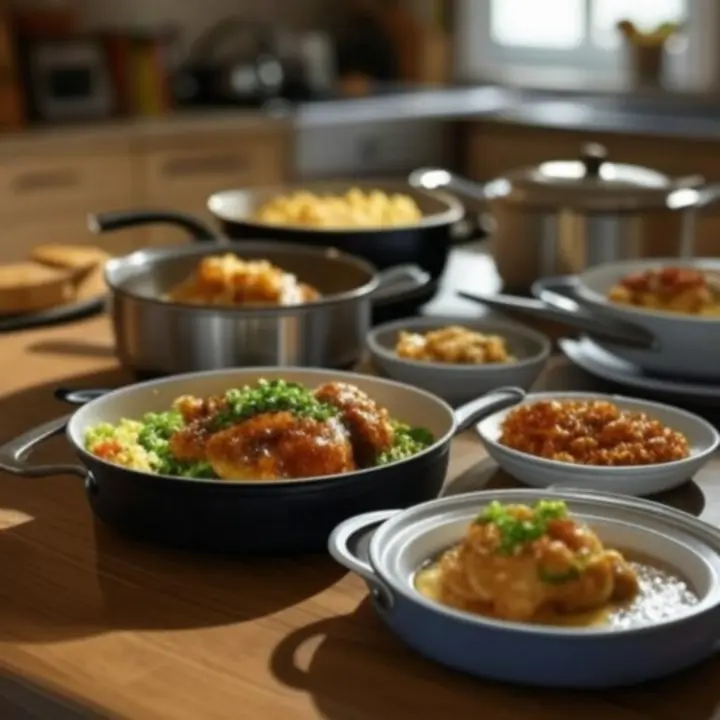 Kitlinea cookware otthoni konyhában, valós főzés közben és tálalva