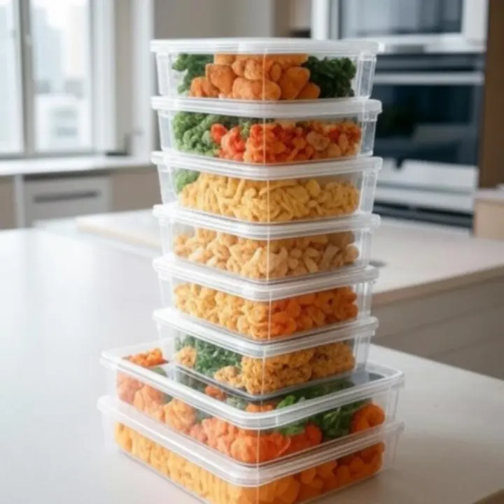 Stackelhető konyhai tároló dobozok polcon elrendezve