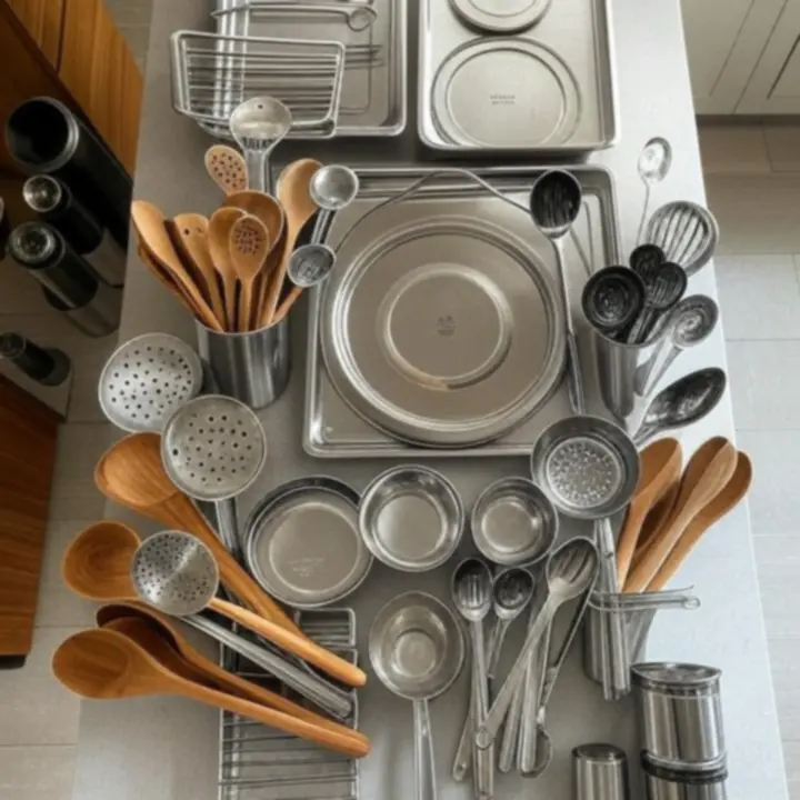 Válogatott konyhai eszköz kollekciók rendezett elrendezésben